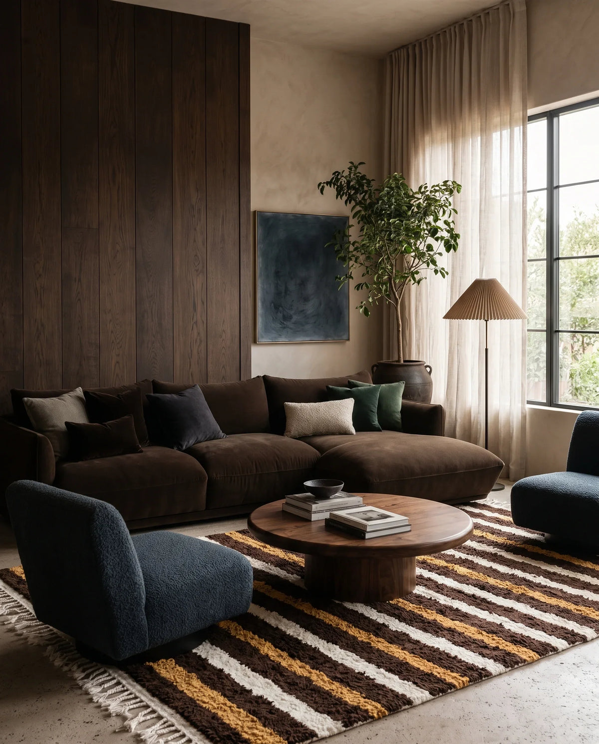 Cream, Ochre Yellow and Dark Brown striped wool rug in a furnished room