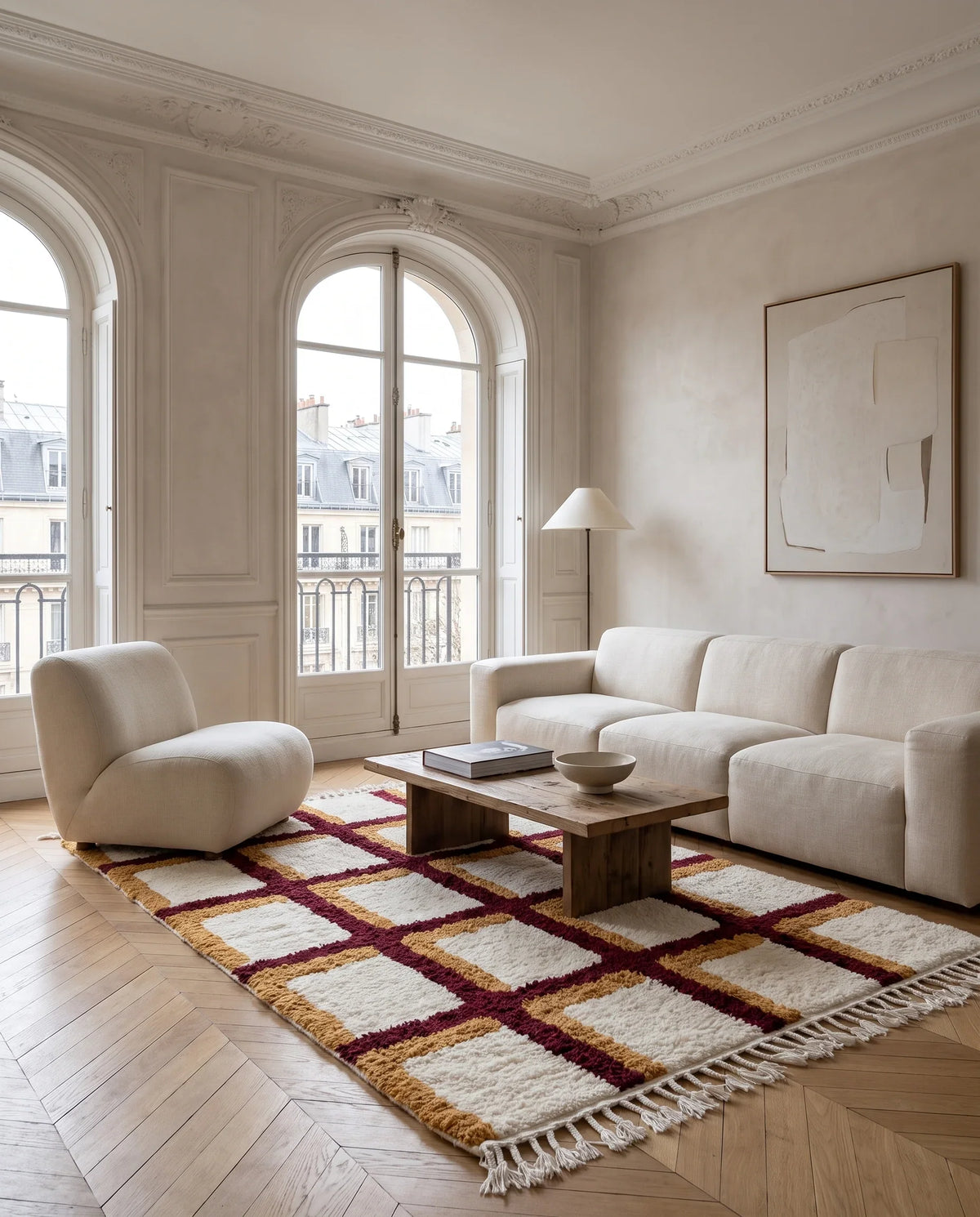 Burgundy, Ochre Yellow and Cream grid wool rug in a furnished room