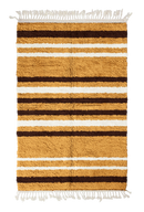Cluster Bands striped wool rug, dark brown bands and cream stripes on ochre yellow, full view