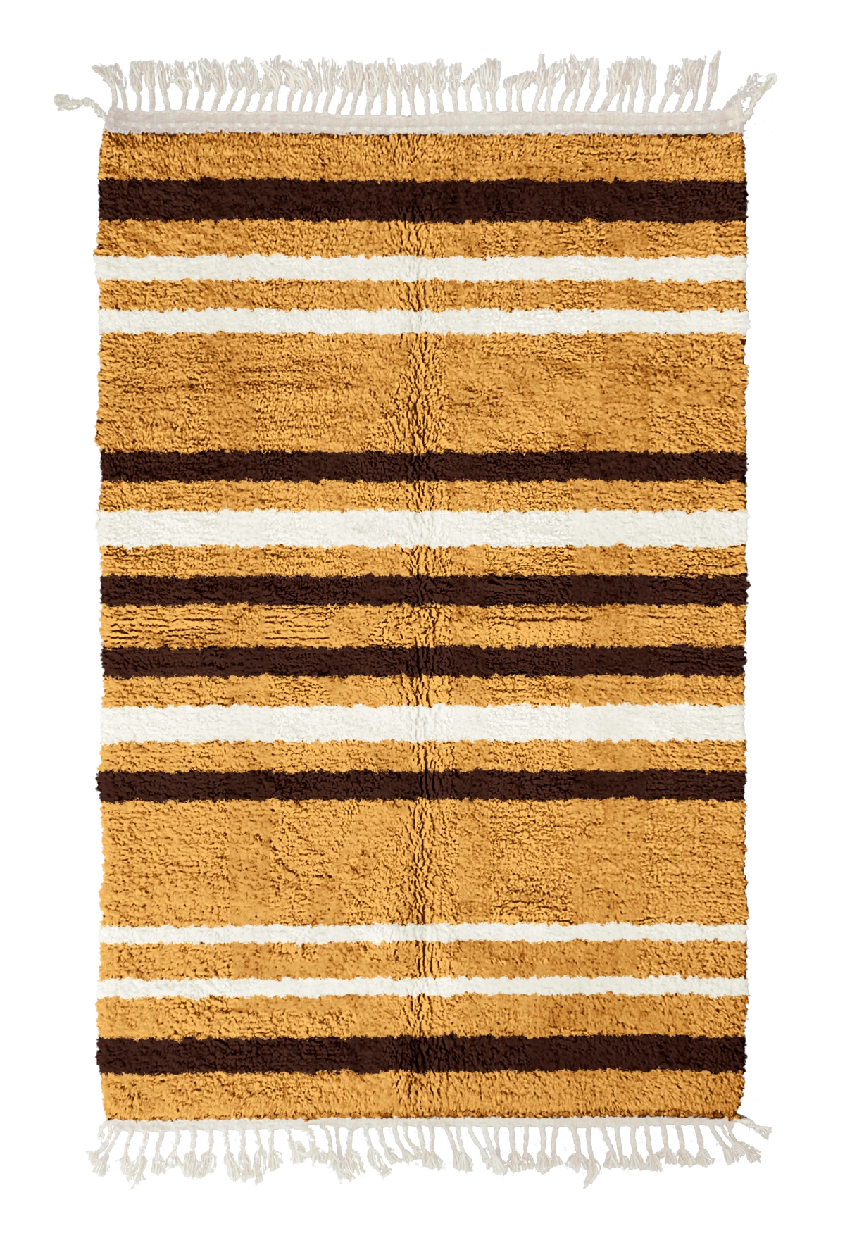Cluster Bands striped wool rug, dark brown bands and cream stripes on ochre yellow, full view