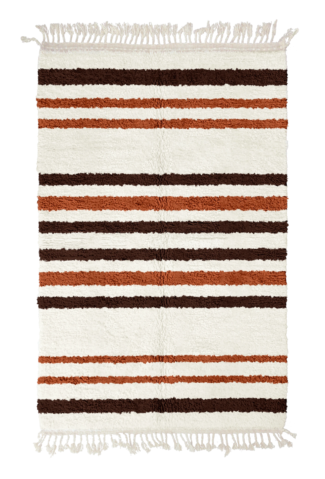 Cluster Bands striped wool rug, dark brown bands and terracotta stripes on cream, full view