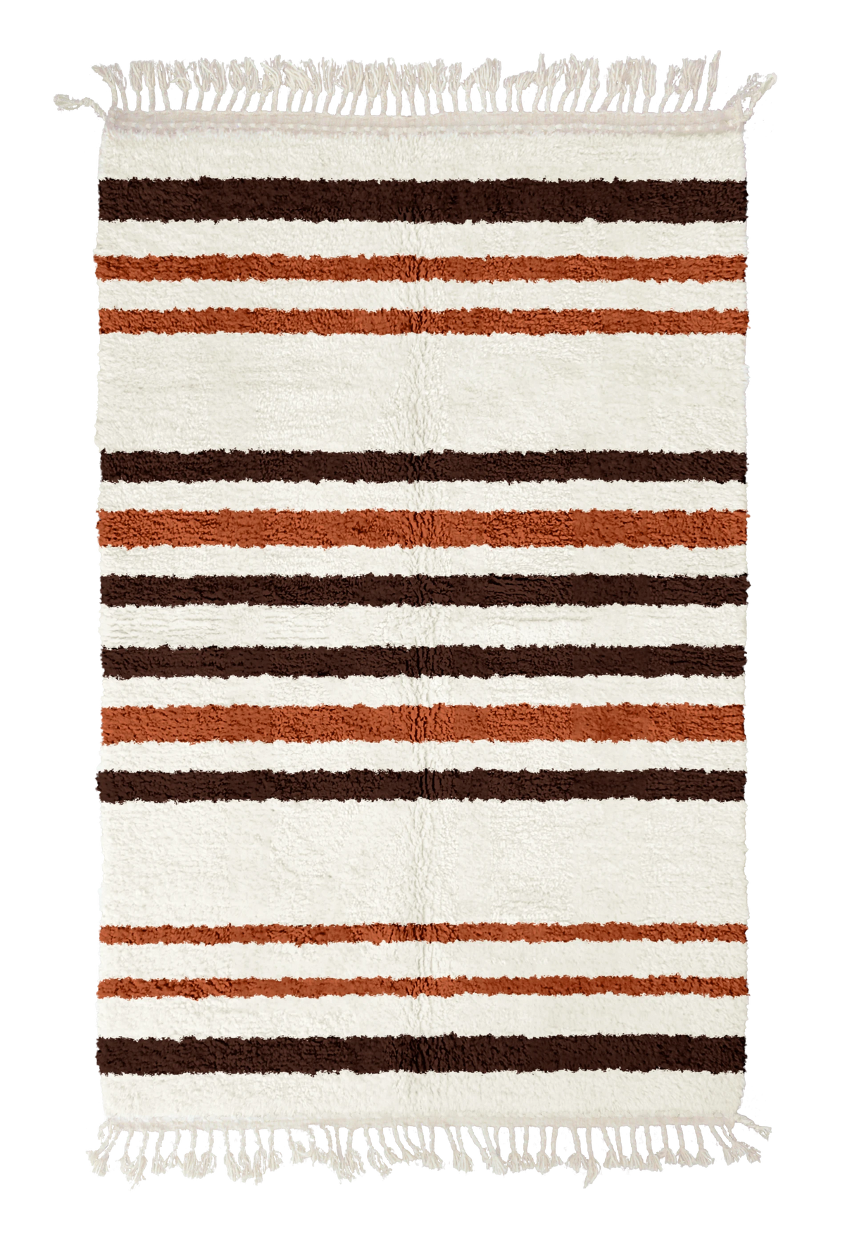 Cluster Bands striped wool rug, dark brown bands and terracotta stripes on cream, full view
