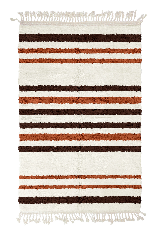 Cluster Bands striped wool rug, dark brown bands and terracotta stripes on cream, full view