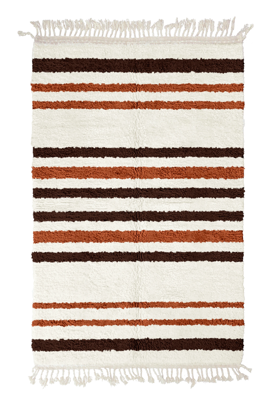 Cluster Bands striped wool rug, dark brown bands and terracotta stripes on cream, full view