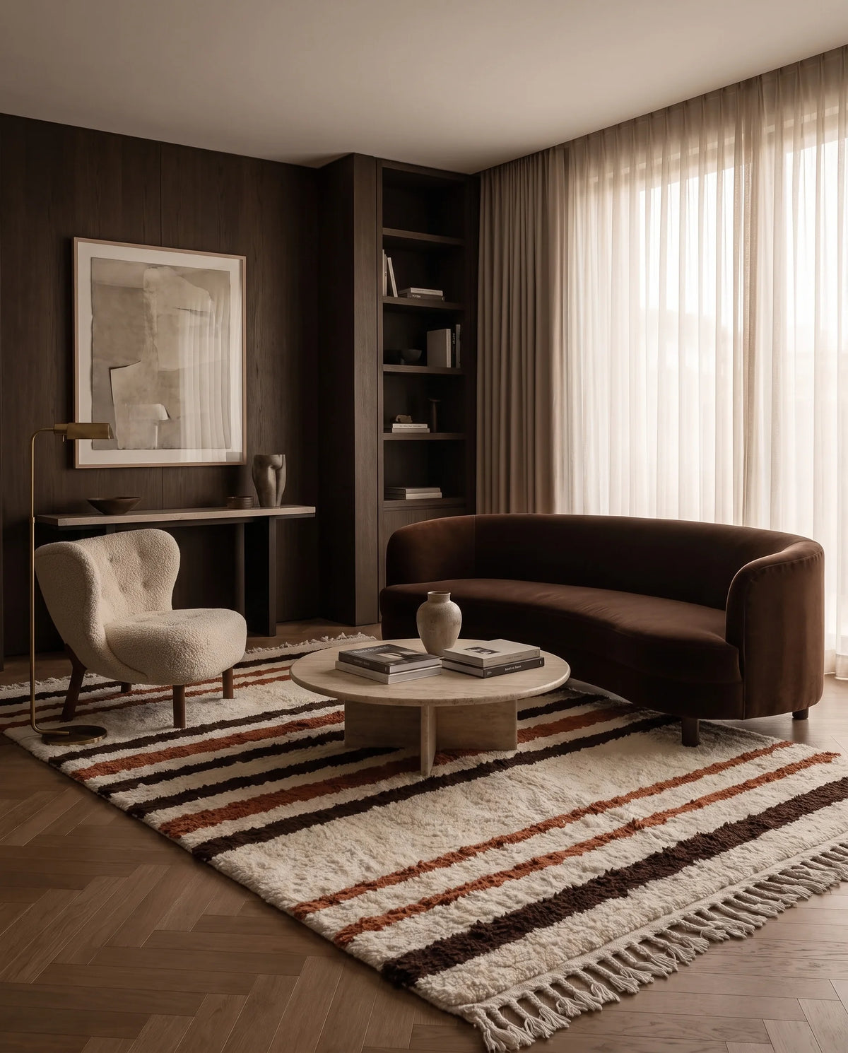 Brown, Terracotta and Cream striped wool rug in a furnished room