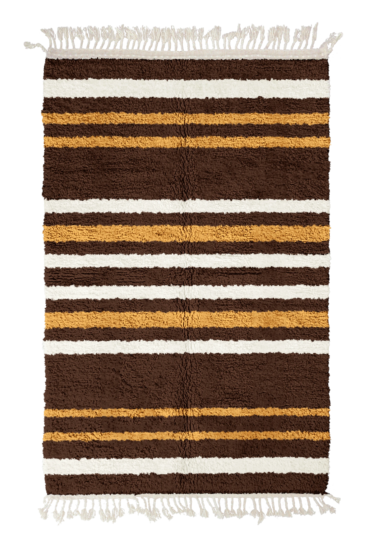 Cluster Bands striped wool rug, cream bands and ochre yellow stripes on dark espresso brown, full view