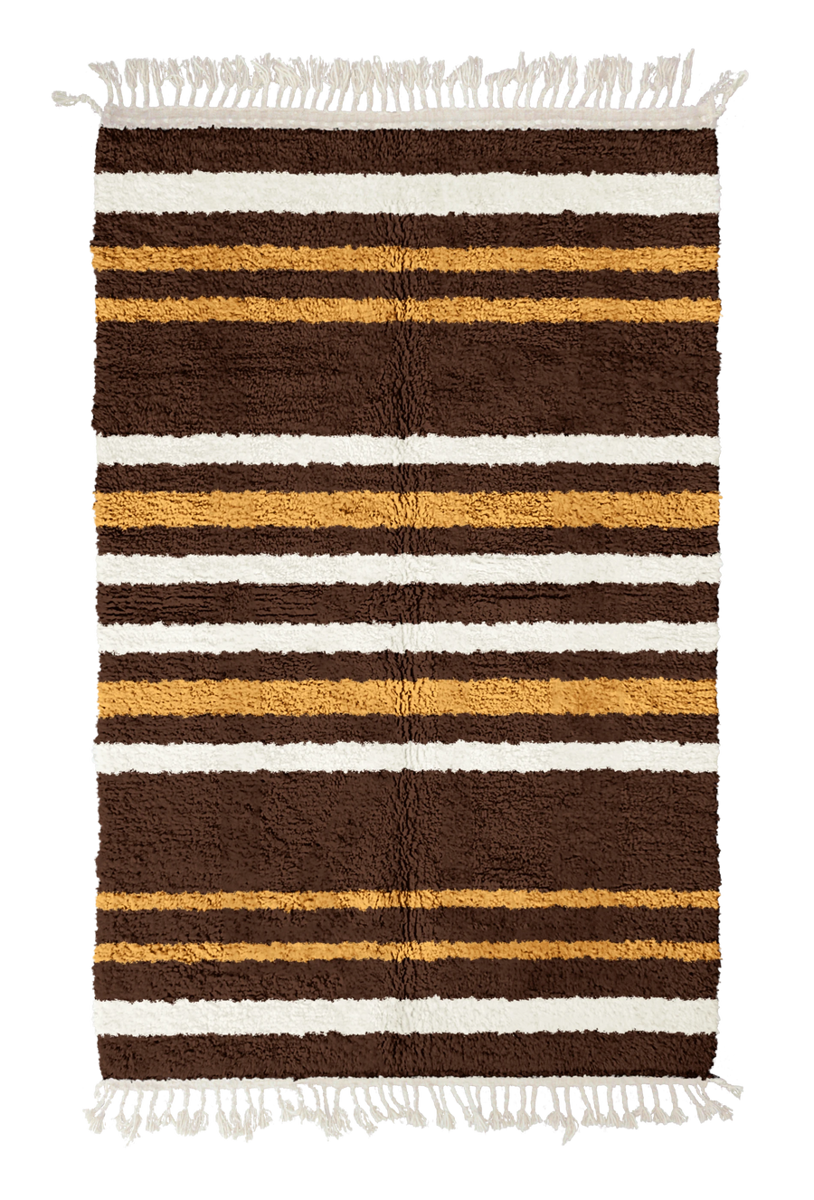 Cluster Bands striped wool rug, cream bands and ochre yellow stripes on dark espresso brown, full view