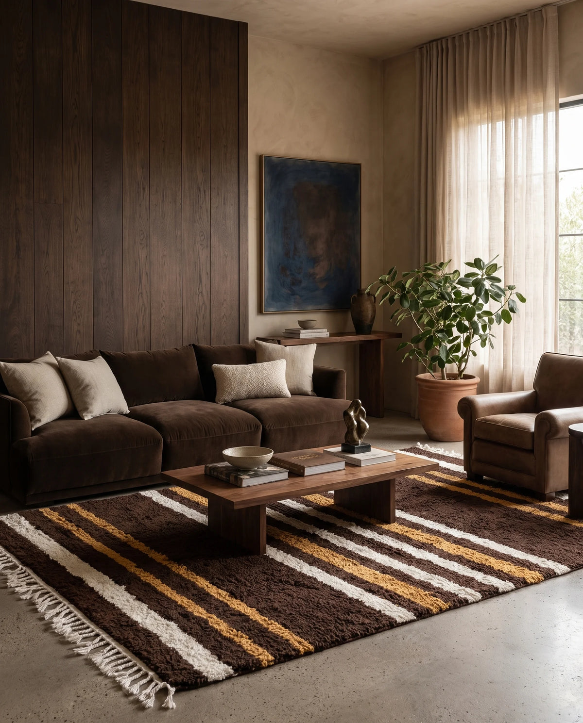 Cream, Ochre Yellow and Dark Brown striped wool rug in a furnished room