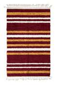 Load image into Gallery viewer, Cluster Bands striped wool rug, ochre yellow bands and cream stripes on burgundy, full view
