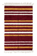 Cluster Bands striped wool rug, ochre yellow bands and cream stripes on burgundy, full view