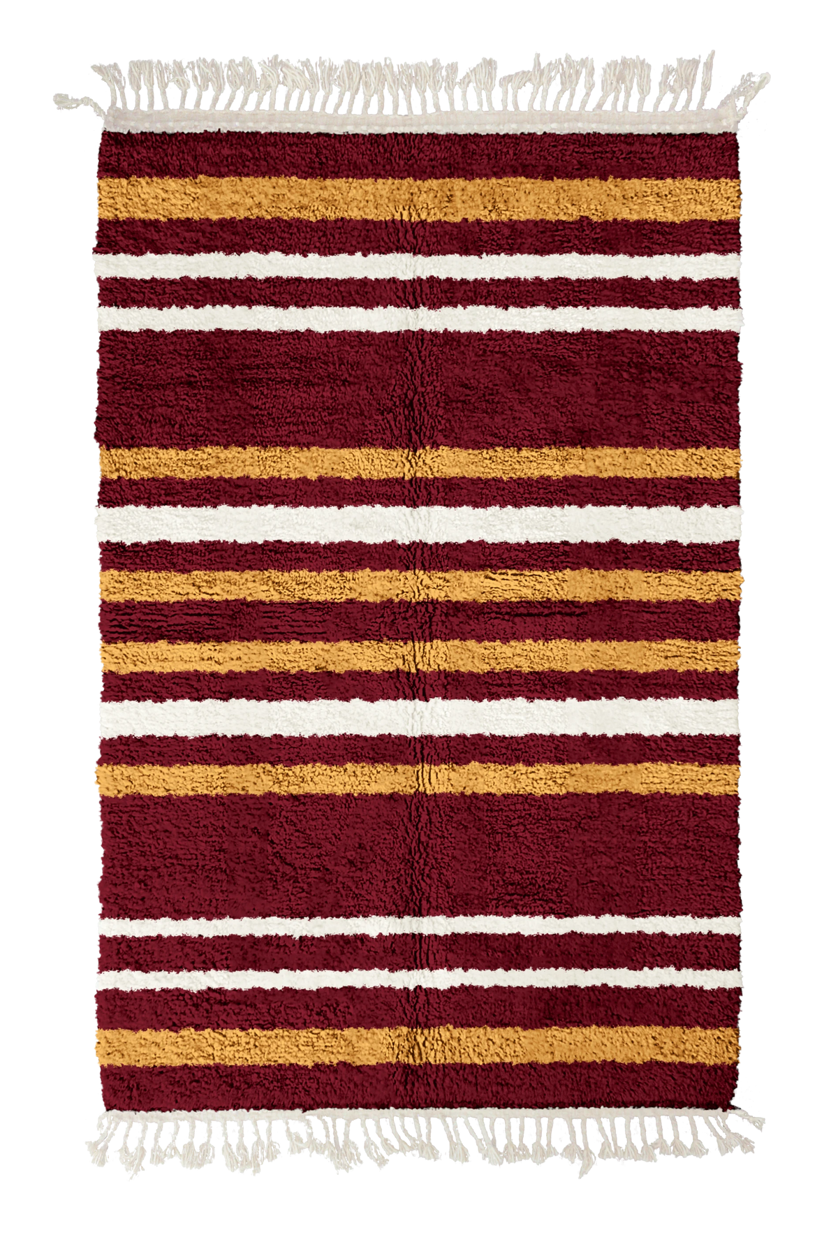 Cluster Bands striped wool rug, ochre yellow bands and cream stripes on burgundy, full view
