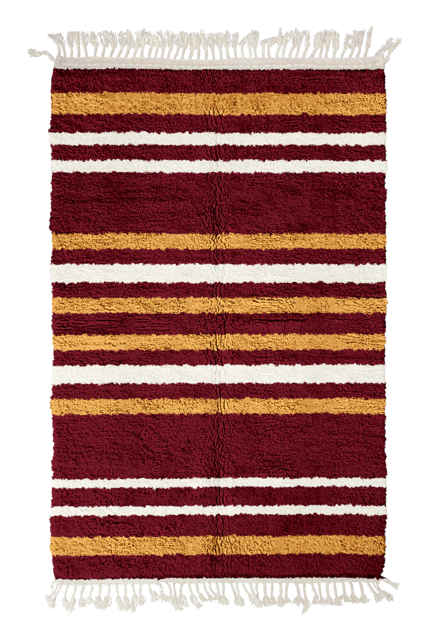 Cluster Bands striped wool rug, ochre yellow bands and cream stripes on burgundy, full view