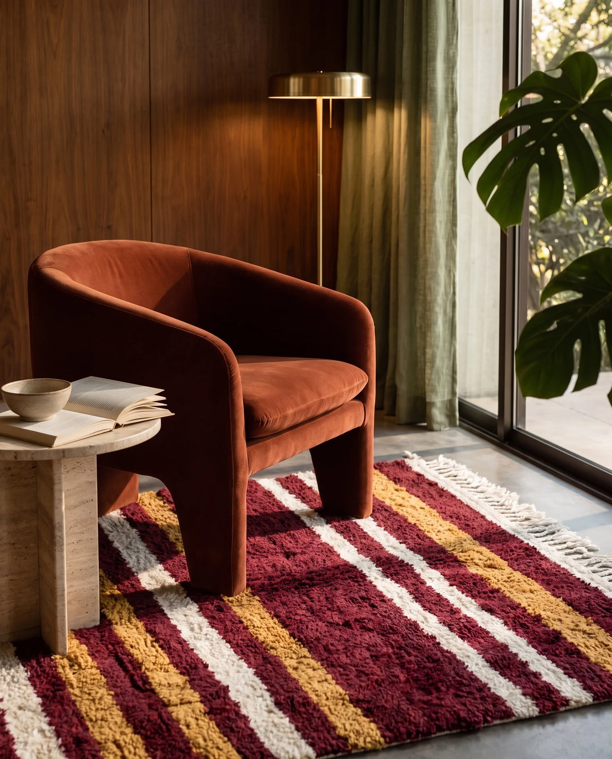 Ochre Yellow, Cream and Burgundy striped wool rug in a furnished room