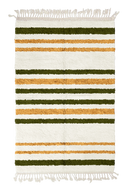Cluster Bands striped wool rug, olive green bands and ochre yellow stripes on cream, full view
