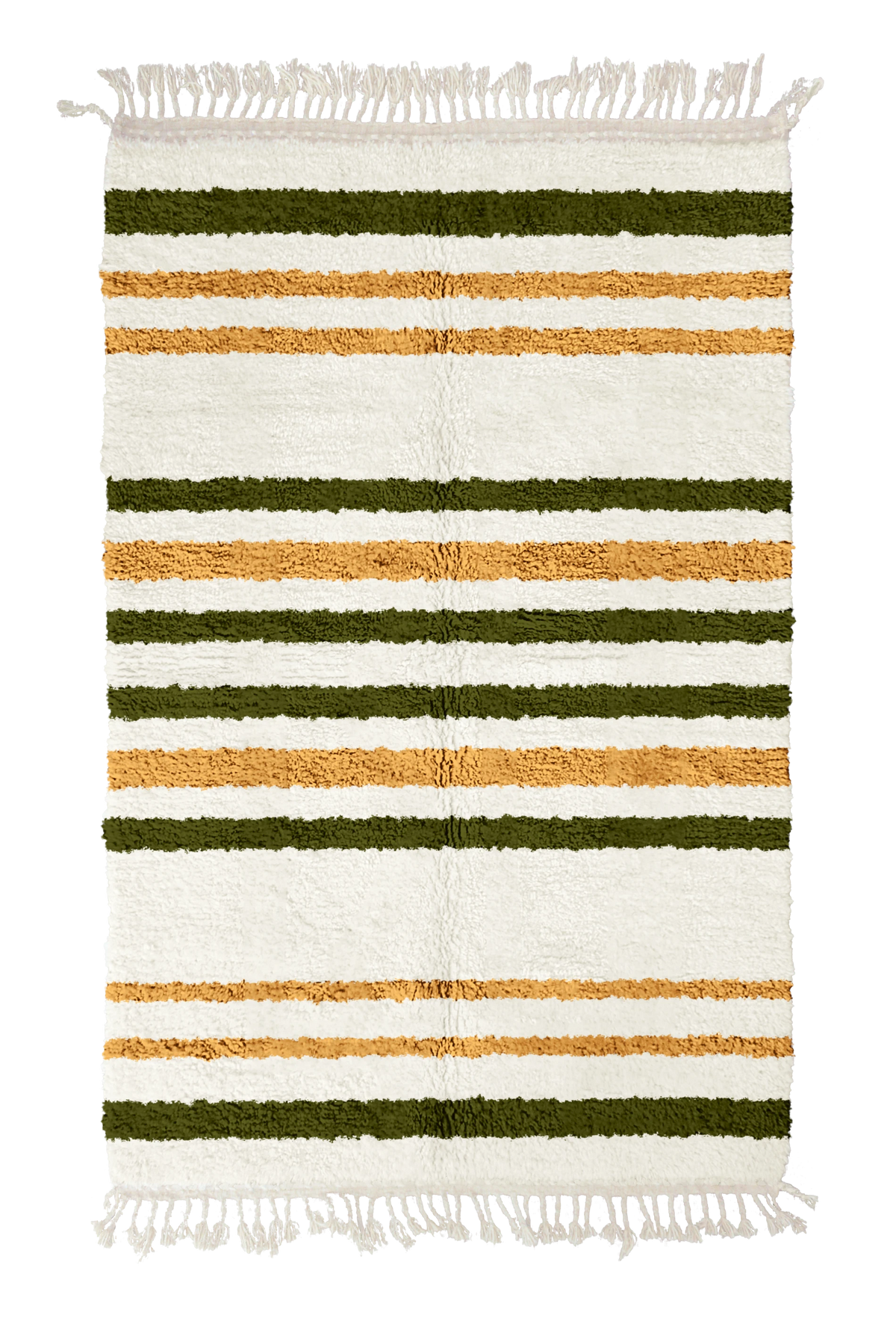 Cluster Bands striped wool rug, olive green bands and ochre yellow stripes on cream, full view
