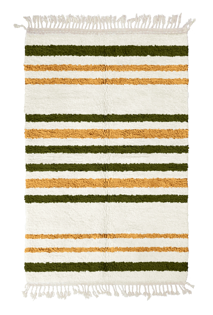 Cluster Bands striped wool rug, olive green bands and ochre yellow stripes on cream, full view