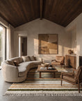 Load image into Gallery viewer, Olive Green, Ochre Yellow and Cream striped wool rug in a furnished room
