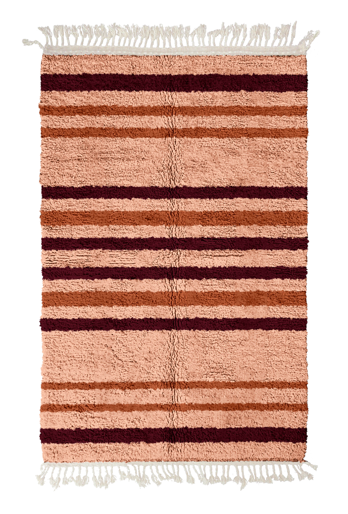 Cluster Bands striped wool rug, oxblood red bands and terracotta stripes on blush pink, full view