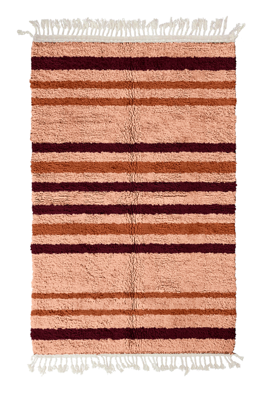 Cluster Bands striped wool rug, oxblood red bands and terracotta stripes on blush pink, full view