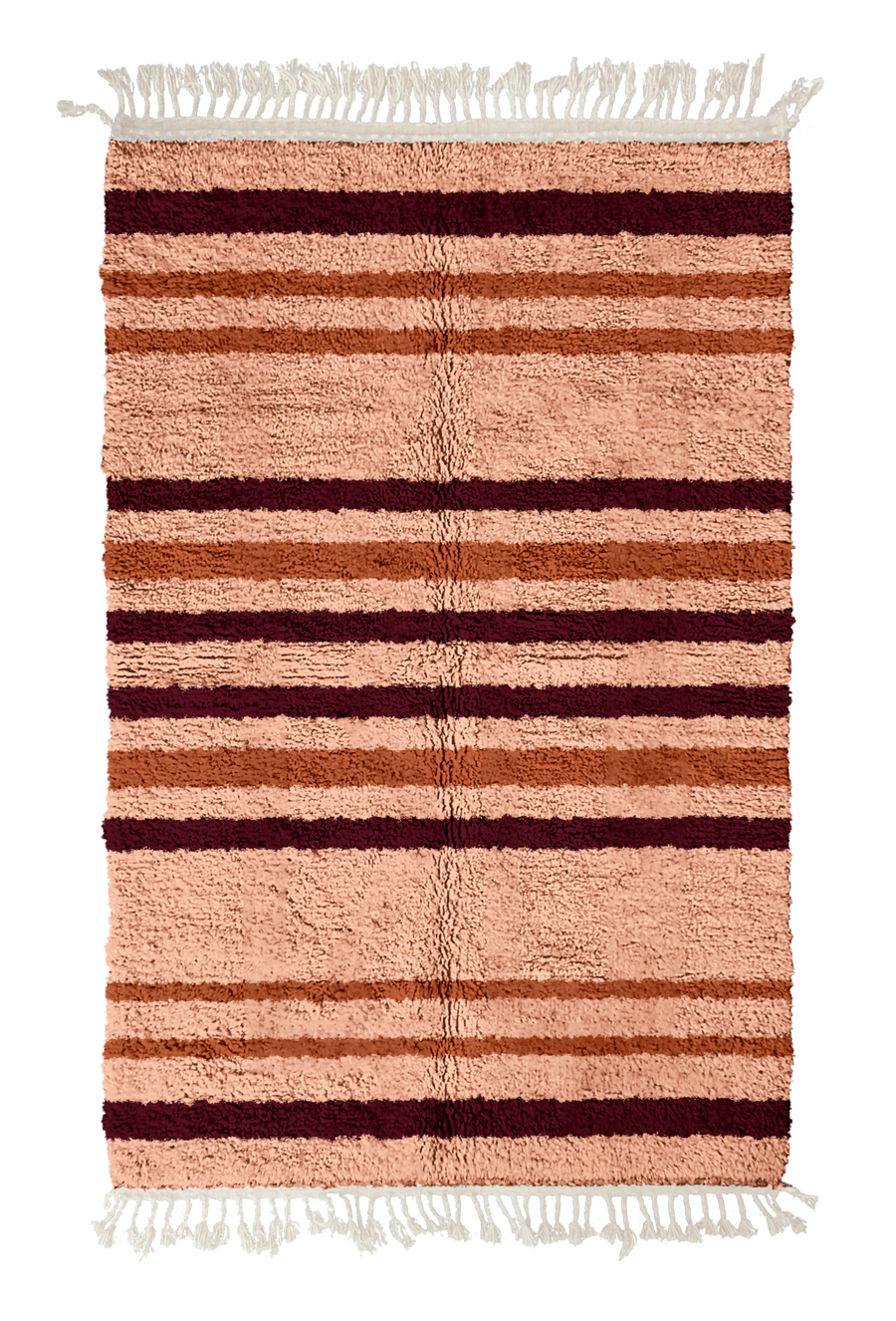 Cluster Bands striped wool rug, oxblood red bands and terracotta stripes on blush pink, full view