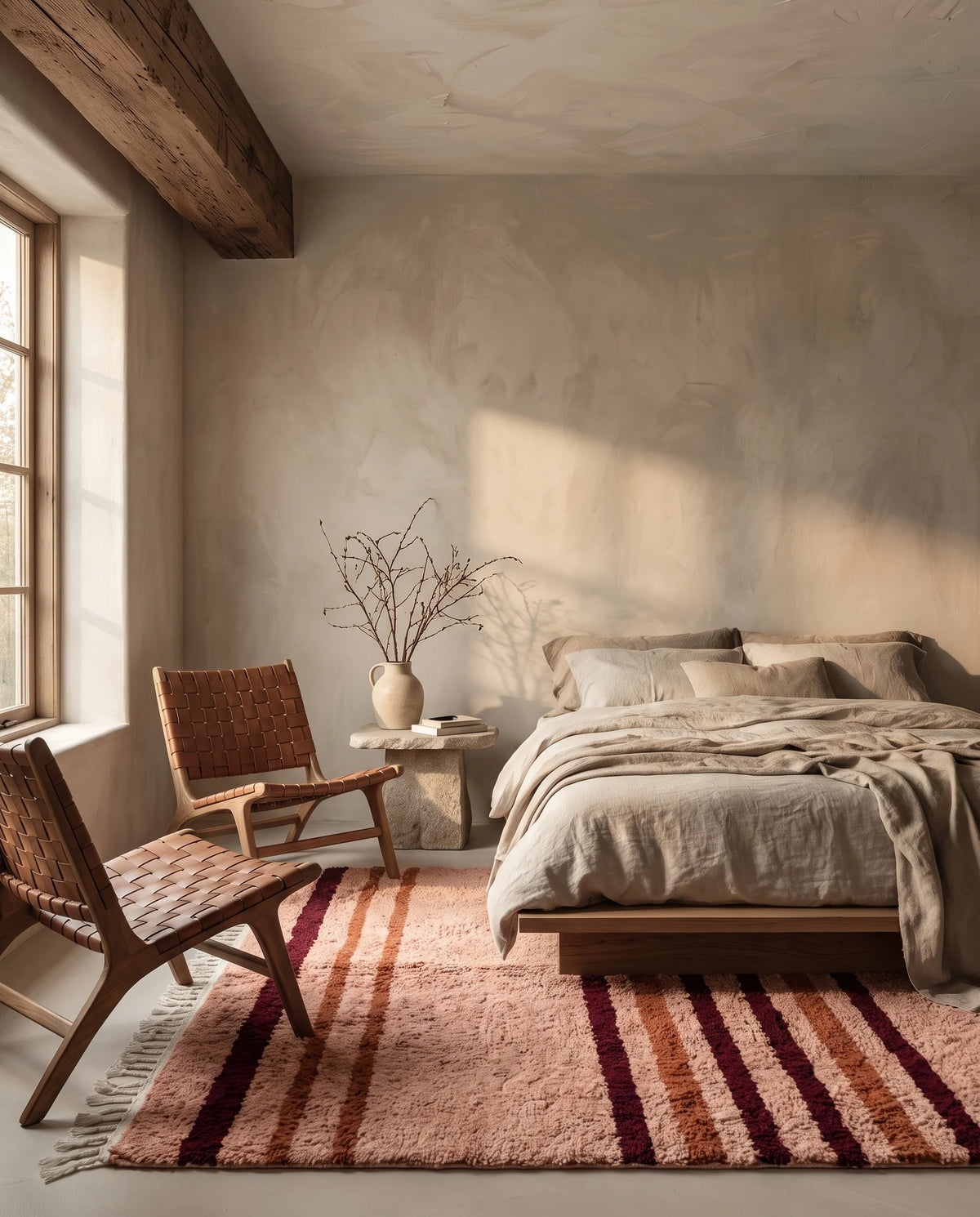 Burgundy, Terracotta and Blush Pink striped wool rug in a furnished room