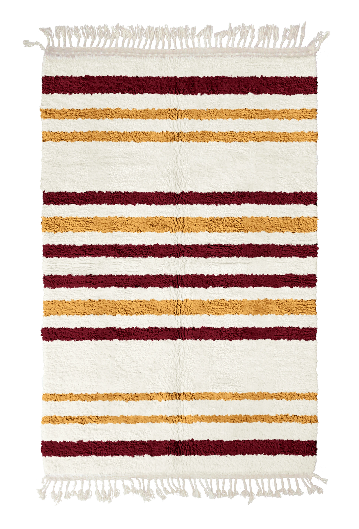Cluster Bands striped wool rug, burgundy bands and ochre yellow stripes on cream, full view