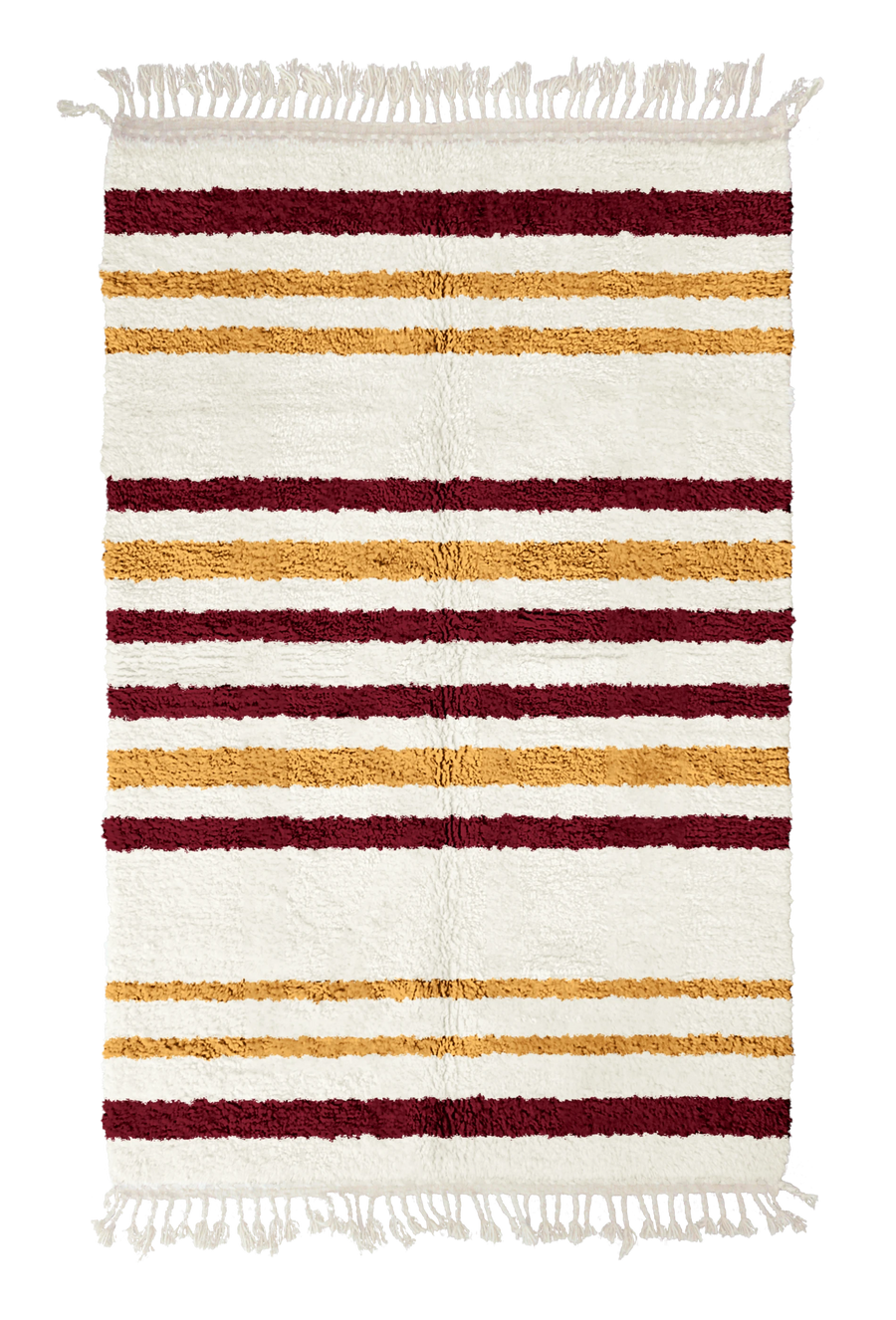 Cluster Bands striped wool rug, burgundy bands and ochre yellow stripes on cream, full view