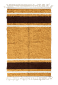 Load image into Gallery viewer, Panel Bands striped wool rug, dark brown bands and cream stripes on ochre yellow, full view
