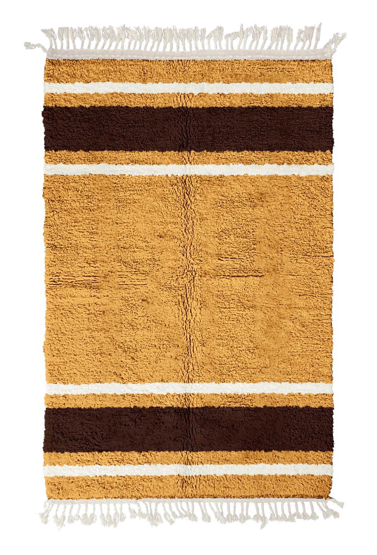Panel Bands striped wool rug, dark brown bands and cream stripes on ochre yellow, full view