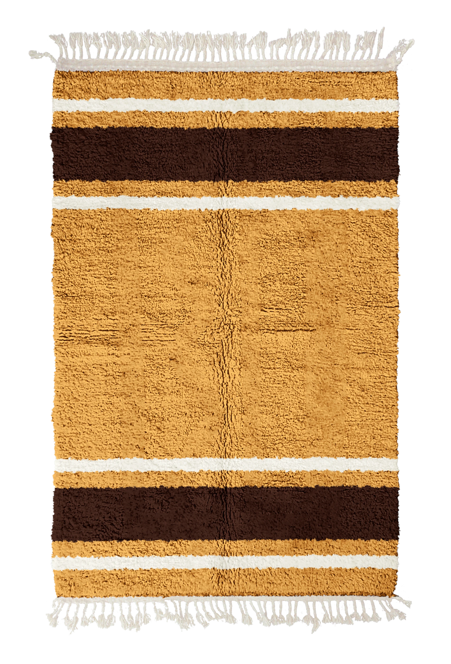 Panel Bands striped wool rug, dark brown bands and cream stripes on ochre yellow, full view