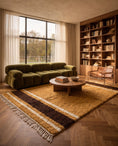Load image into Gallery viewer, Brown, Cream and Ochre Yellow striped wool rug in a furnished room
