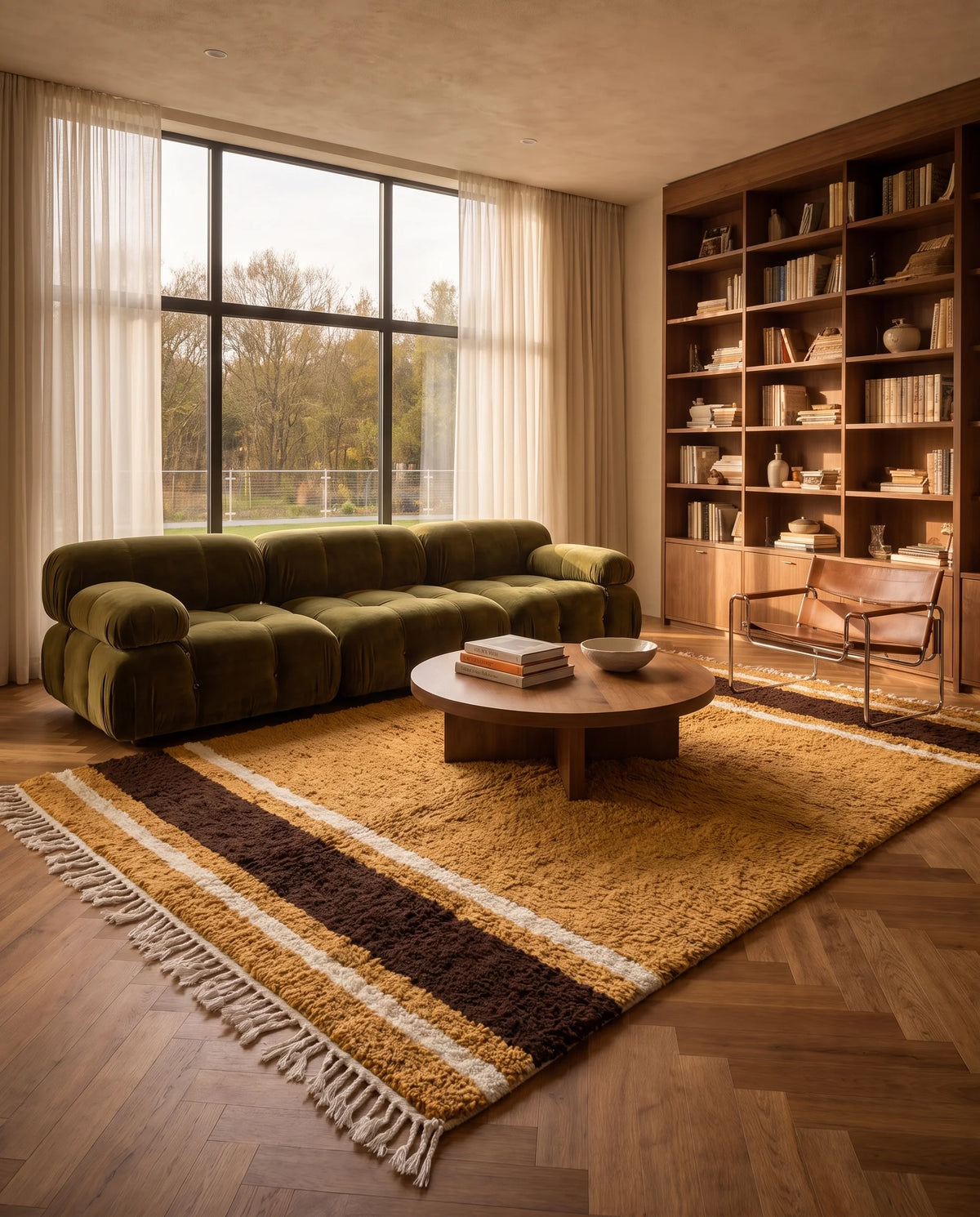 Brown, Cream and Ochre Yellow striped wool rug in a furnished room