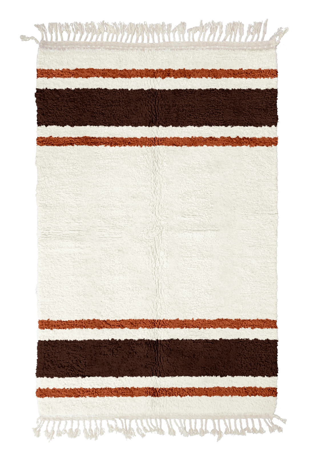 Panel Bands striped wool rug, dark brown bands and terracotta stripes on cream, full view