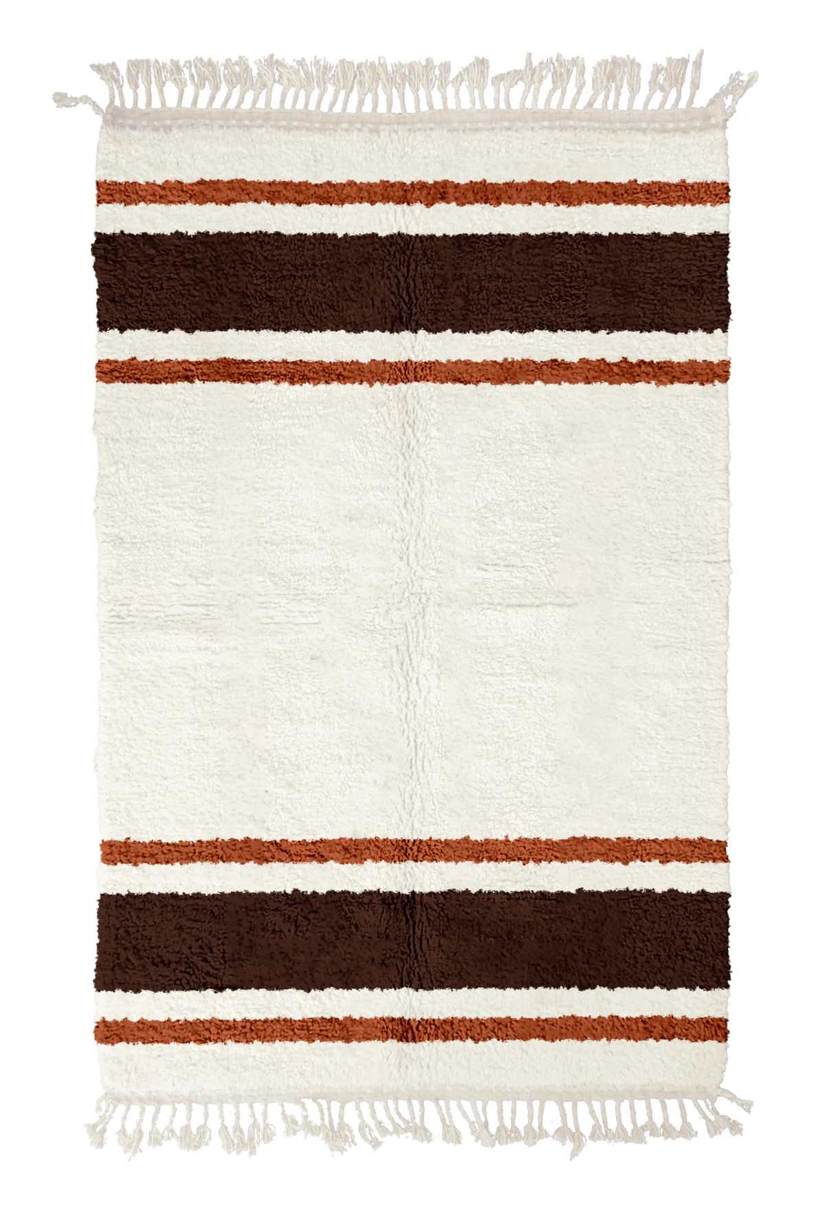 Panel Bands striped wool rug, dark brown bands and terracotta stripes on cream, full view