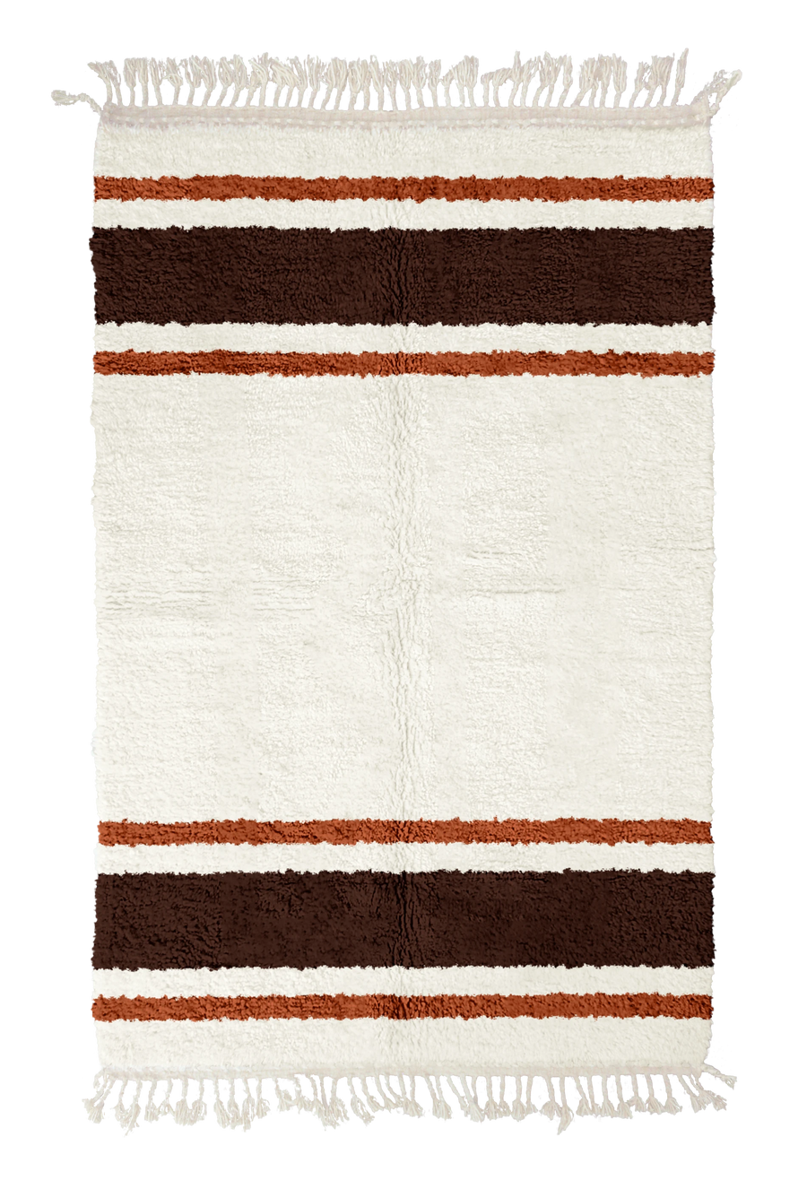 Panel Bands striped wool rug, dark brown bands and terracotta stripes on cream, full view