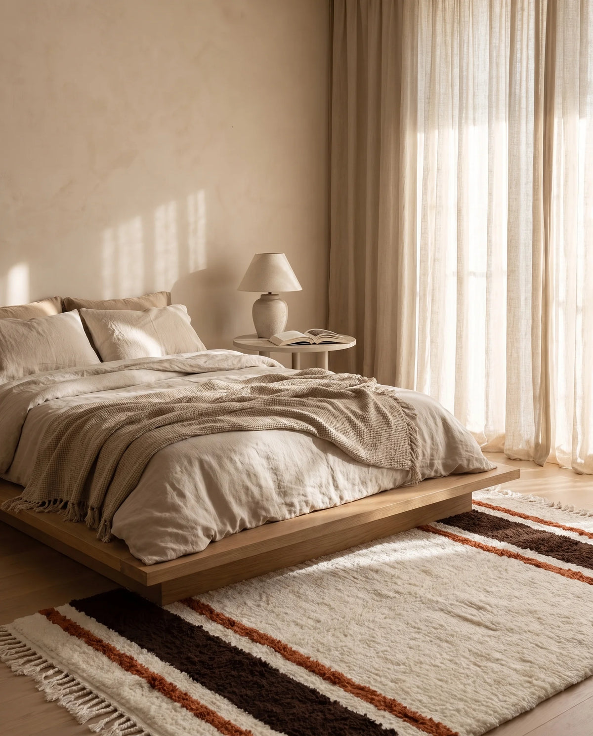 Brown, Terracotta and Cream striped wool rug in a furnished room