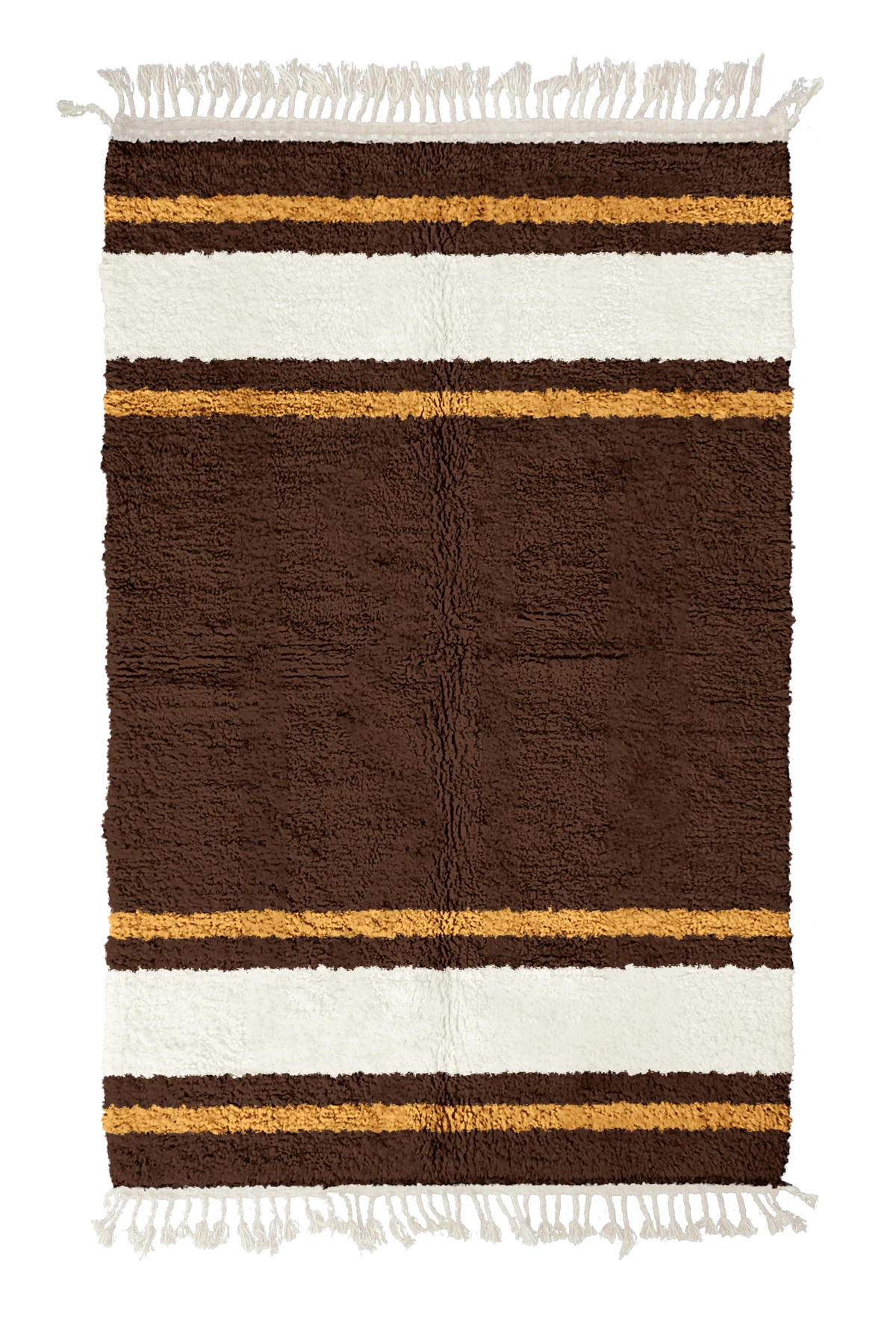 Panel Bands striped wool rug, cream bands and ochre yellow stripes on dark espresso brown, full view