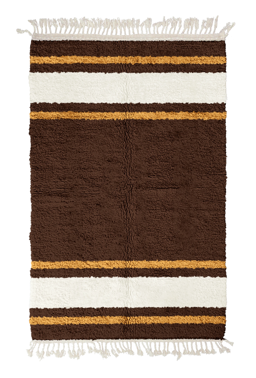 Panel Bands striped wool rug, cream bands and ochre yellow stripes on dark espresso brown, full view