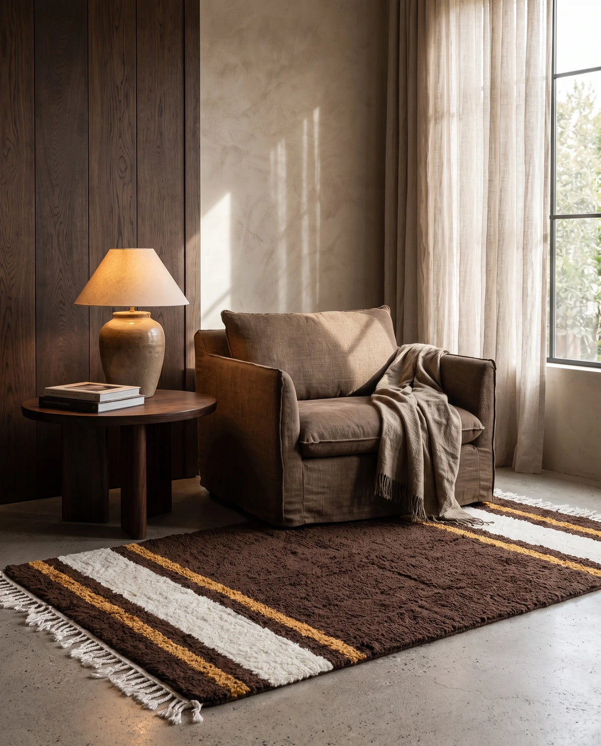 Cream, Ochre Yellow and Dark Brown striped wool rug in a furnished room