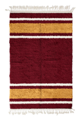 Load image into Gallery viewer, Panel Bands striped wool rug, ochre yellow bands and cream stripes on burgundy, full view
