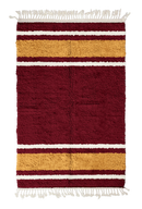 Panel Bands striped wool rug, ochre yellow bands and cream stripes on burgundy, full view