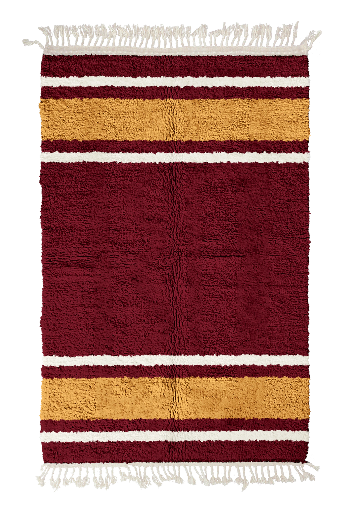 Panel Bands striped wool rug, ochre yellow bands and cream stripes on burgundy, full view