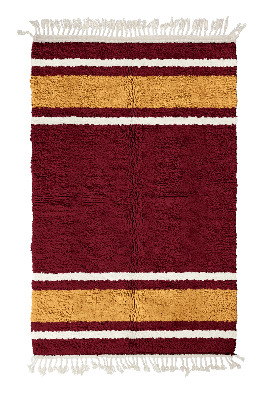 Panel Bands striped wool rug, ochre yellow bands and cream stripes on burgundy, full view