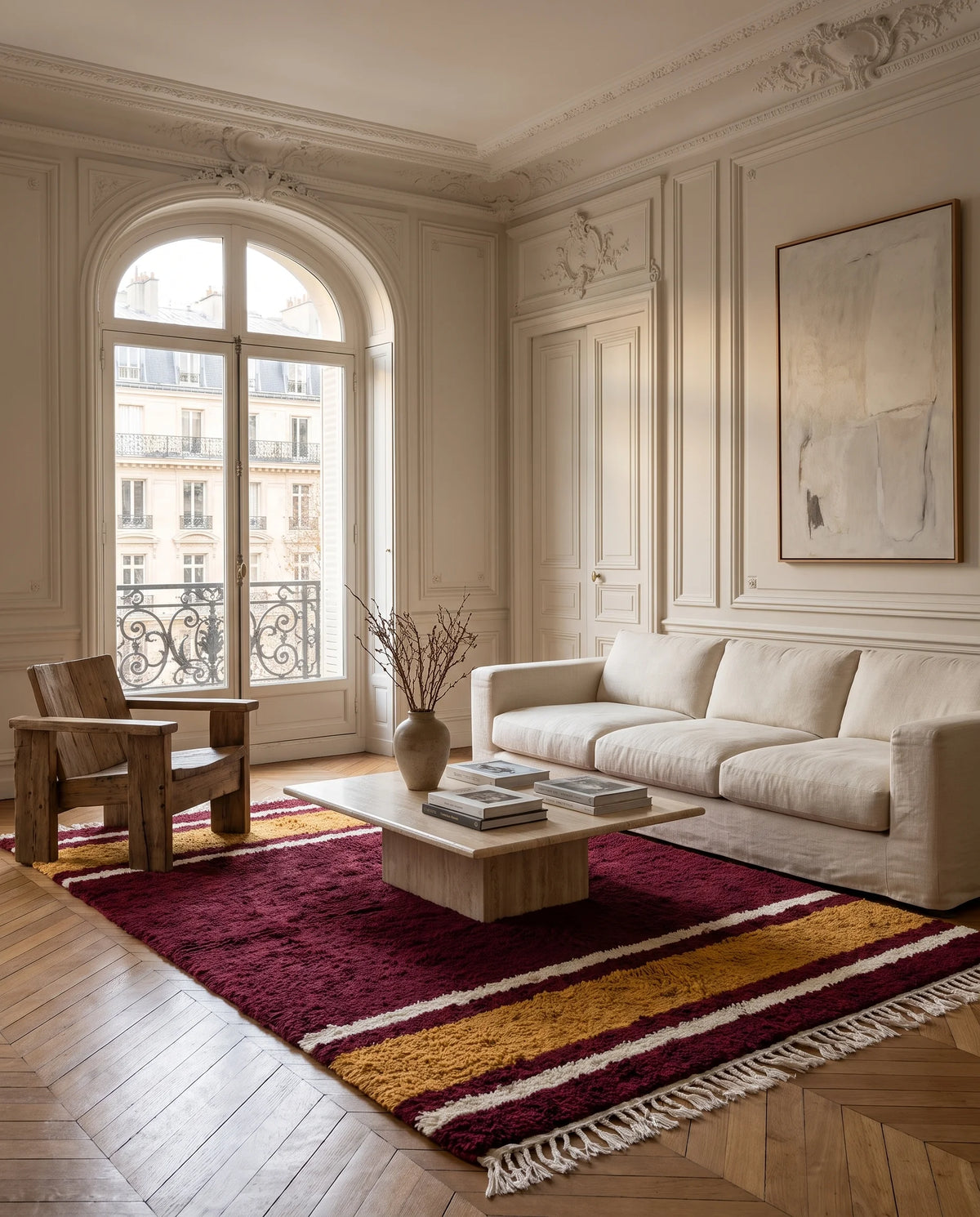 Ochre Yellow, Cream and Burgundy striped wool rug in a furnished room