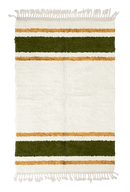 Panel Bands striped wool rug, olive green bands and ochre yellow stripes on cream, full view