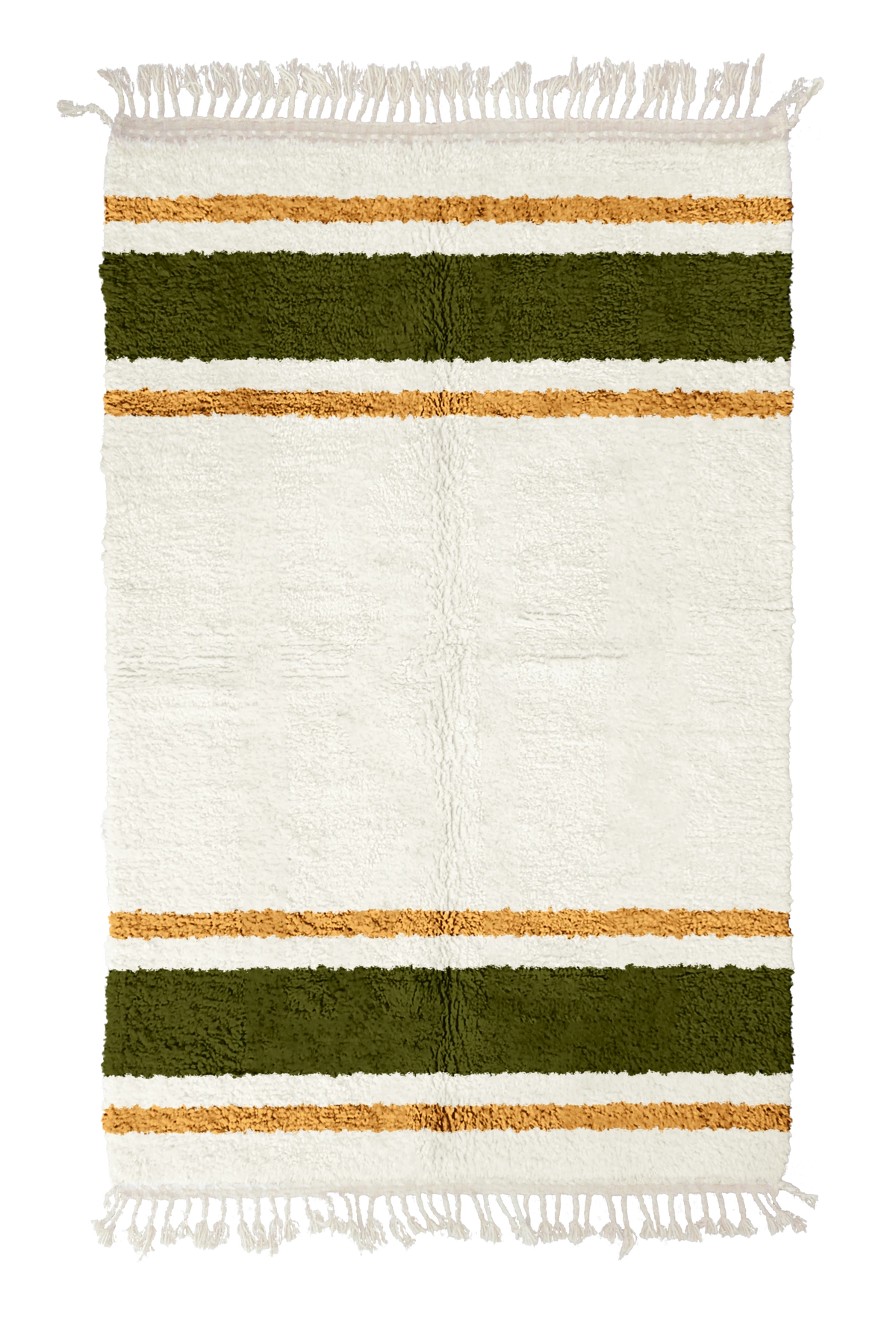 Panel Bands striped wool rug, olive green bands and ochre yellow stripes on cream, full view