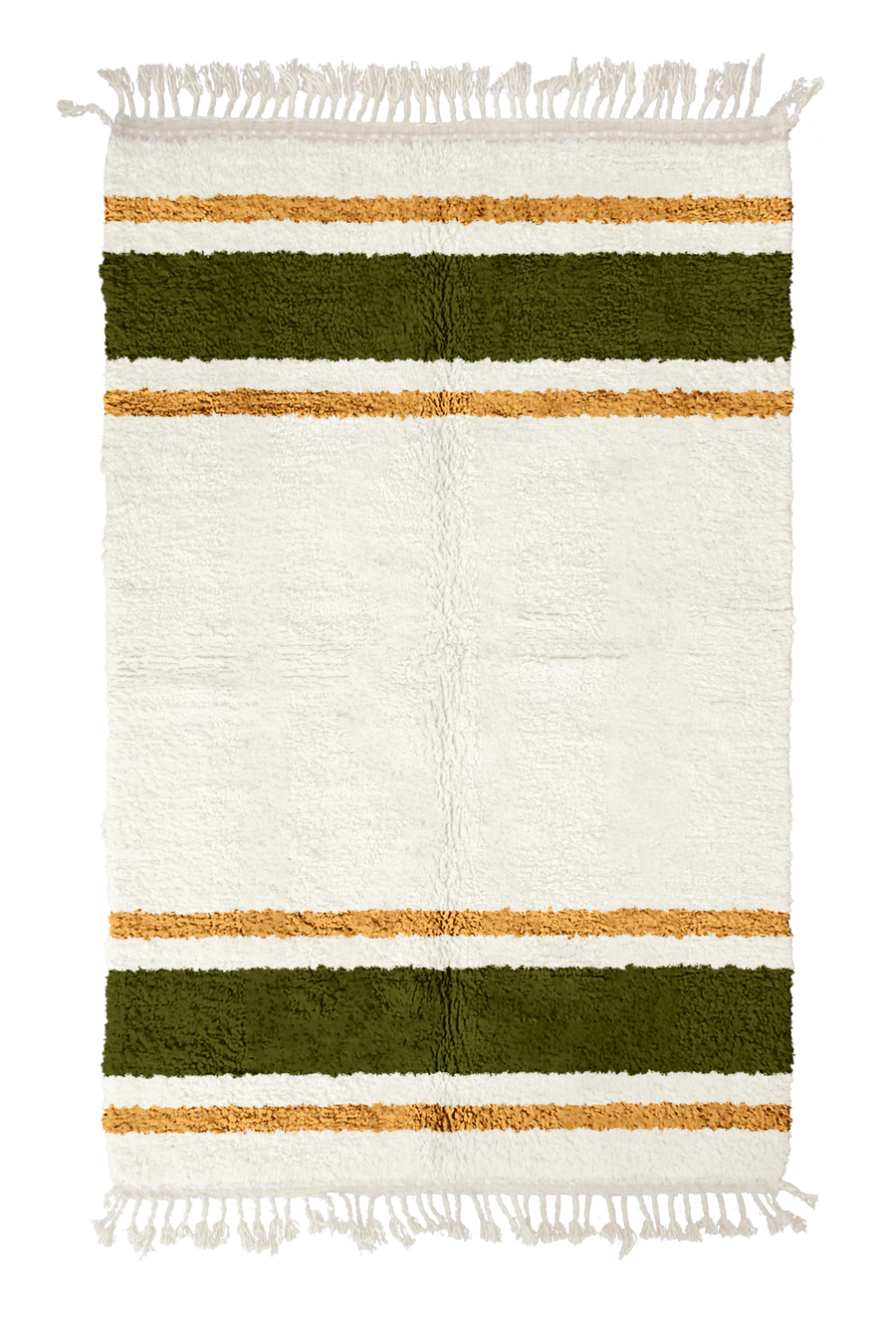 Panel Bands striped wool rug, olive green bands and ochre yellow stripes on cream, full view