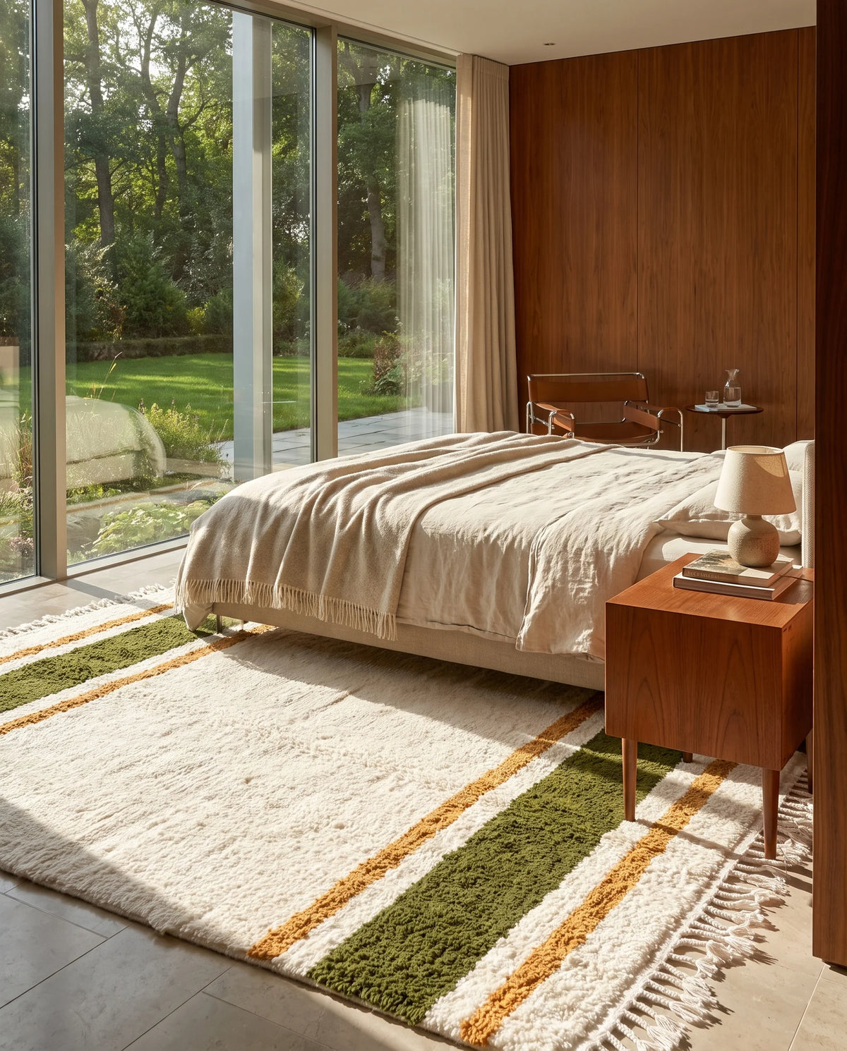 Olive Green, Ochre Yellow and Cream striped wool rug in a furnished room