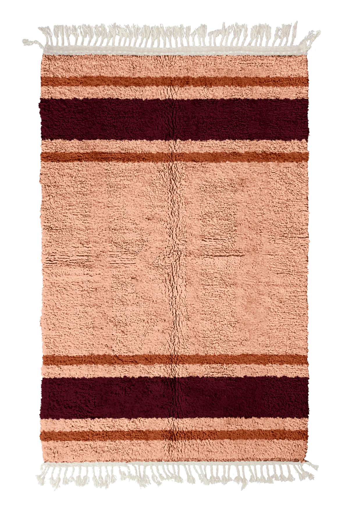 Panel Bands striped wool rug, oxblood red bands and terracotta stripes on blush pink, full view