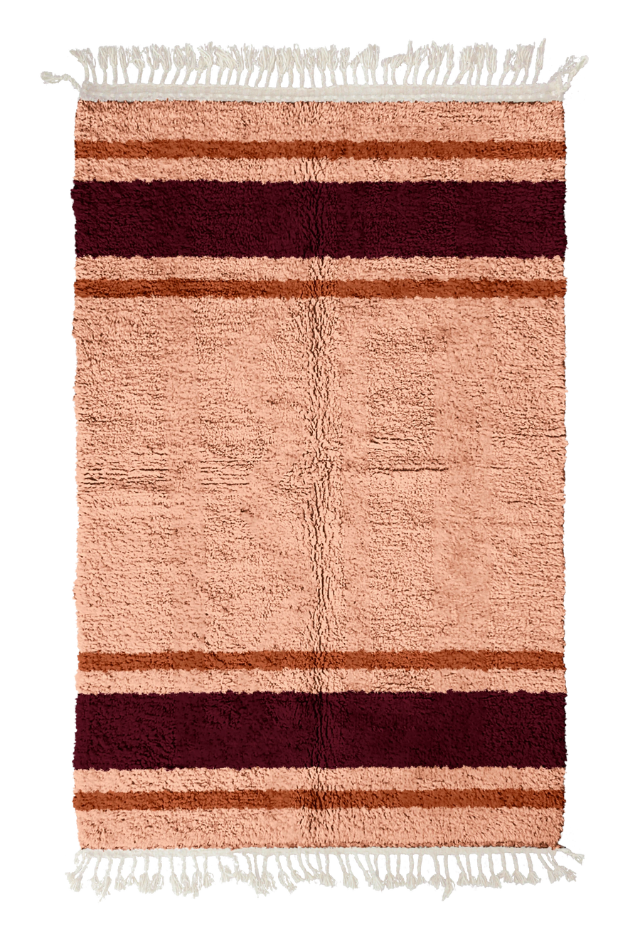 Panel Bands striped wool rug, oxblood red bands and terracotta stripes on blush pink, full view